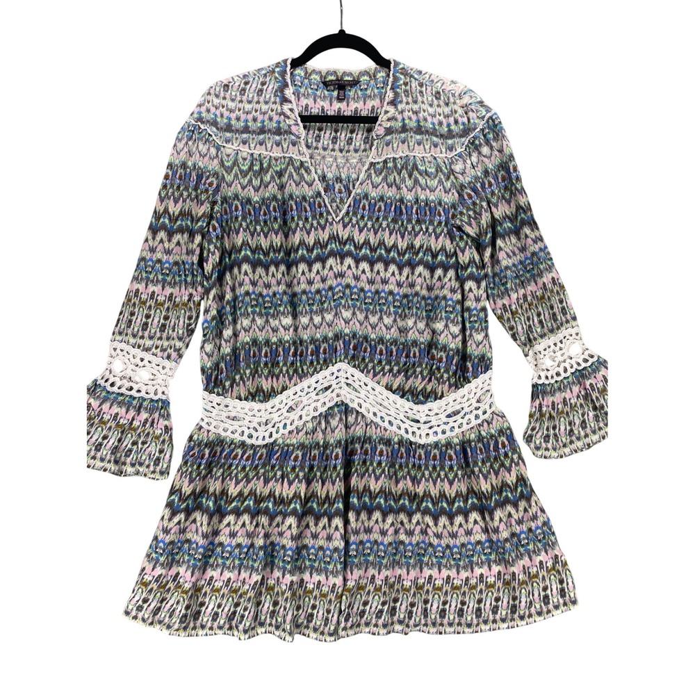 Victoria's Secret Womens M Multicolor Bohemian Dress Crochet Trim Long‎ Sleeve